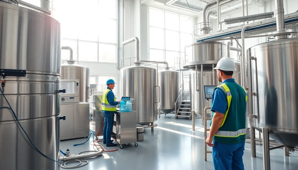 Showcasing a modern sweetener factory with technicians at work in a pristine environment.