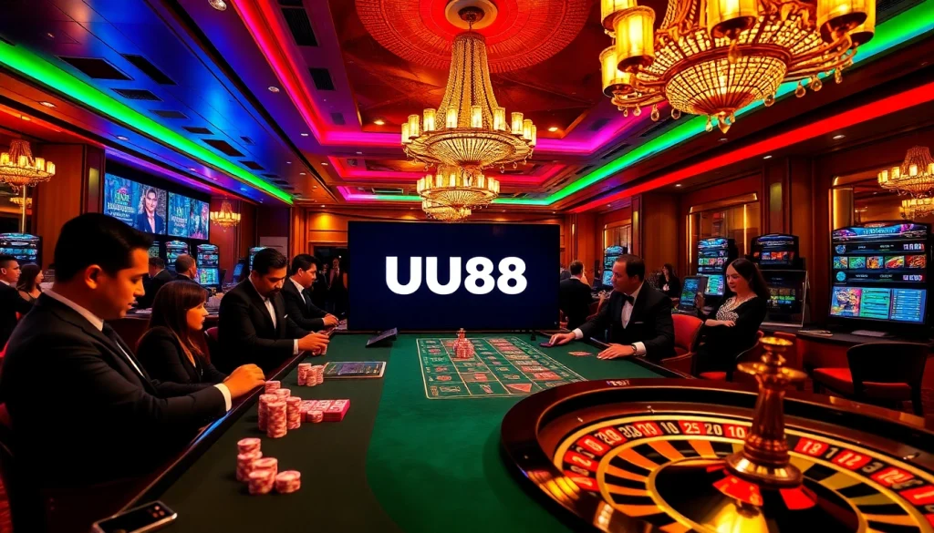 UU88 casino gaming scene with poker chips, reputable dealers, and roulette wheel excitement.