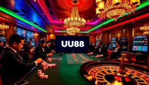 UU88 casino gaming scene with poker chips, reputable dealers, and roulette wheel excitement.