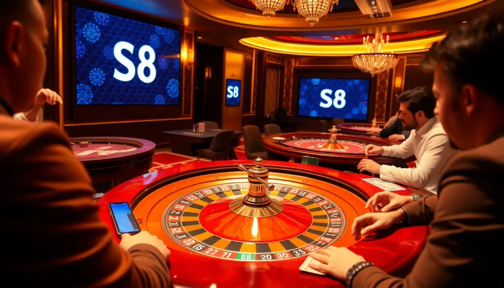 S8 casino players enjoying roulette and poker, showcasing excitement and luxury in gaming.