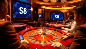 S8 casino players enjoying roulette and poker, showcasing excitement and luxury in gaming.