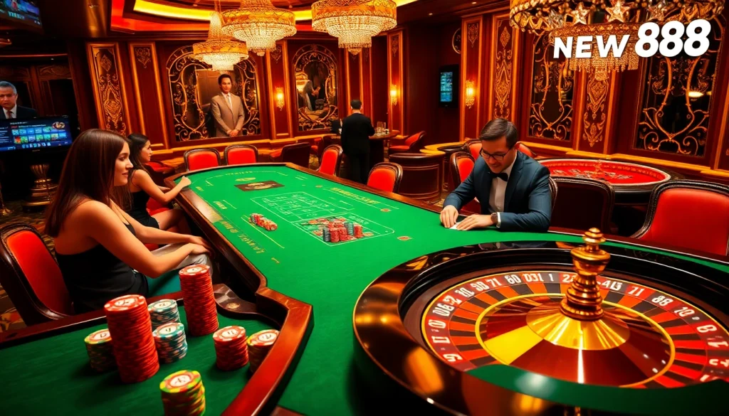 Exciting scene of gamblers at NEW88 poker tables in a luxurious casino atmosphere.
