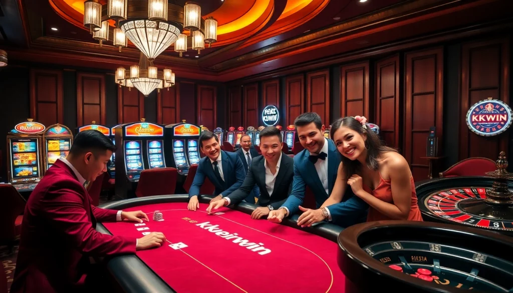 Exciting gaming atmosphere at kkwin with players enjoying poker and vibrant slot machines.