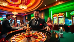 Experience the excitement of gambling with Fun88 link at a vibrant casino filled with roulette, cards, and players.
