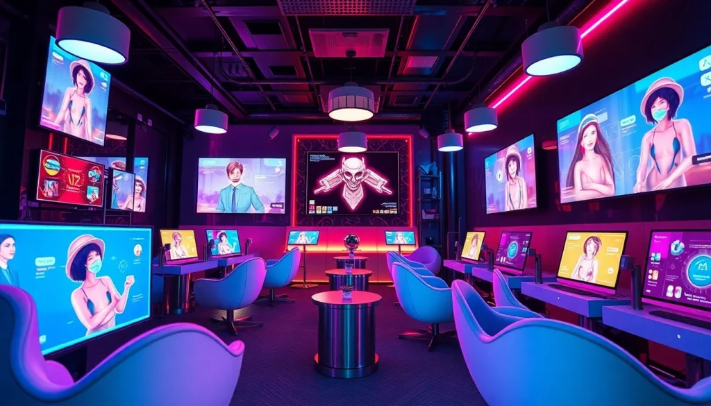 Sex chat AI interaction in a vibrant, modern lounge with digital screens.