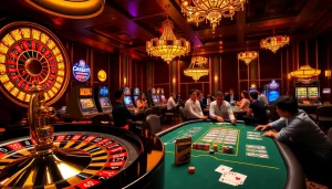 Casino players engaging with 88xx-themed games, showcasing vibrant slot machines and roulette wheels.