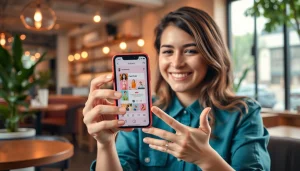 Creating engaging content to monetize instagram stories link with influencer in urban café
