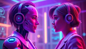 AI sex chat interaction with a digital character in a futuristic setting.