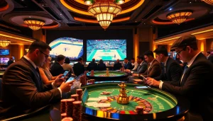 แทงบอล action at a luxurious casino with live sports betting and gamblers in action.