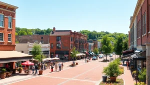 Clarksburg's bustling downtown with historic buildings, vibrant street life under bright sunlight.