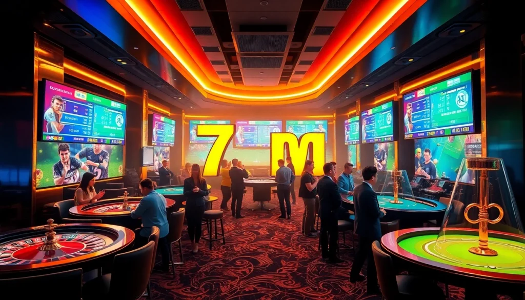 Exciting gamblers experience xem 7m bóng đá with live betting screens in a luxurious casino setting.
