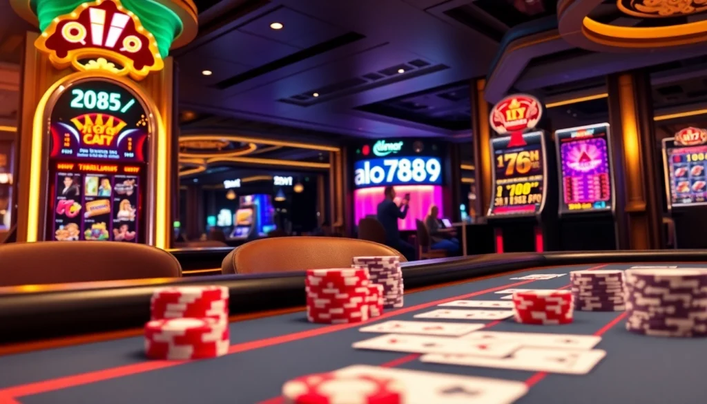 A stunning view of an online casino scene featuring alo789 with poker games, slot machines, and vibrant betting screens.
