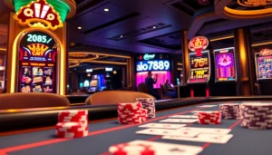 A stunning view of an online casino scene featuring alo789 with poker games, slot machines, and vibrant betting screens.