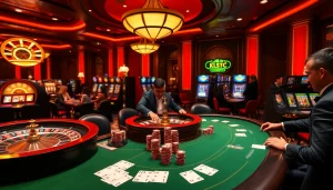 Exciting casino scene featuring poker, roulette, and vibrant elements of the KJC website.