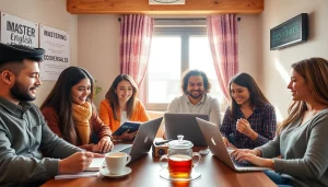 居心地の良いプロフェッショナルな雰囲気の中、ビズメイツ 無料体験のオンライン英語クラスを受講する熱心な学習者たち。