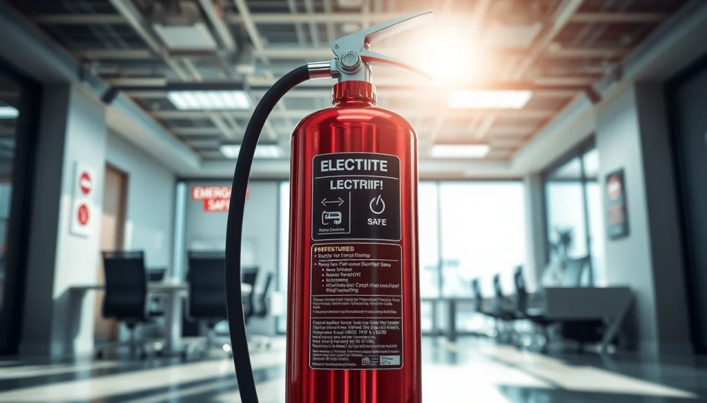 Electrical fire extinguisher prominently displayed in an office setting with safety features highlighted.
