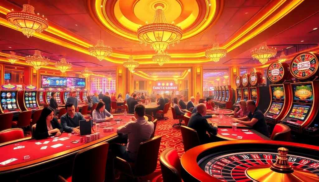 Engage in exhilarating gaming experiences at https://nk88net.com/ with vibrant casino tables, poker chips, and stunning slot machines.