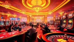 Engage in exhilarating gaming experiences at https://nk88net.com/ with vibrant casino tables, poker chips, and stunning slot machines.