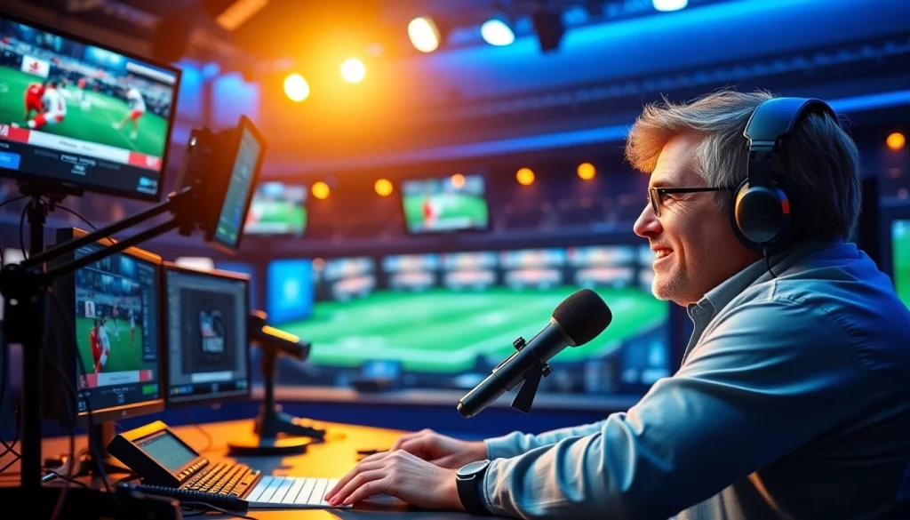 Engaged professional in Sports Broadcasting studio surrounded by live feeds and equipment.