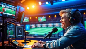 Engaged professional in Sports Broadcasting studio surrounded by live feeds and equipment.