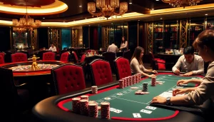 High-stakes poker scene showcasing Tool xo so sieu toc with colorful chips and intense players.