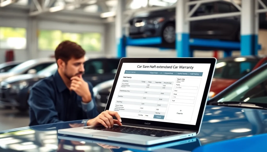 Reviewing an online extended car warranty quote with a mechanic at a dealership.