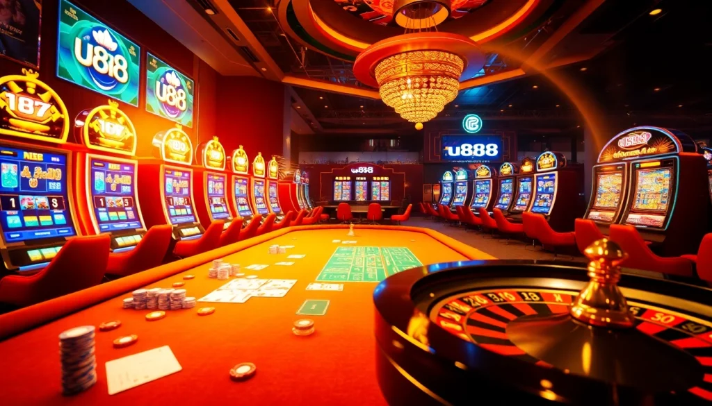 Engage in thrilling online gaming at u888 casino with vibrant tables, colorful chips, and exciting games.