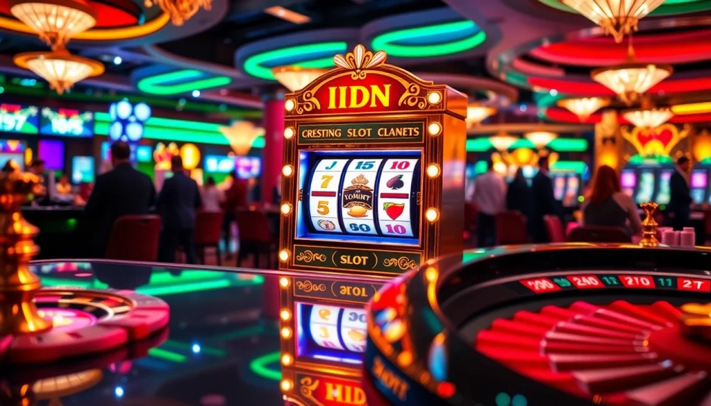 Hit the jackpot on the IDN slot machine amidst a dazzling casino ambiance.