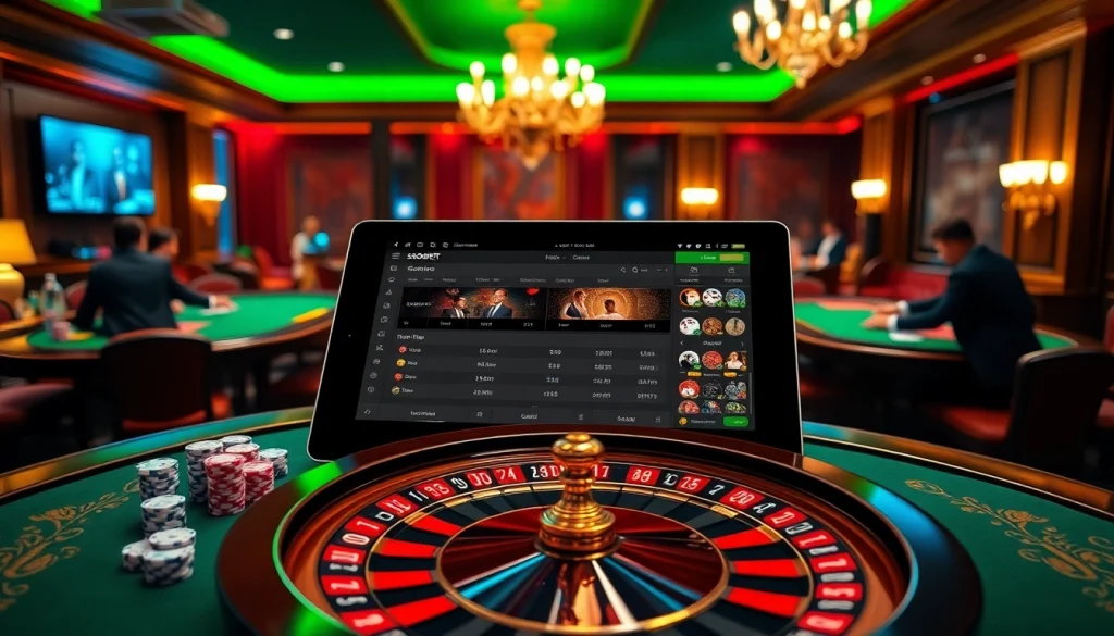sbobet online betting interface with players at a luxurious casino table surrounded by poker chips and dice.