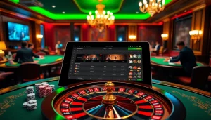 sbobet online betting interface with players at a luxurious casino table surrounded by poker chips and dice.