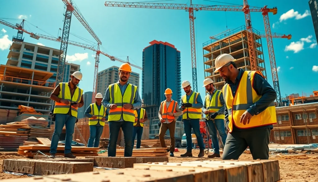 Austin construction professionals collaborating on a bustling site, emphasizing teamwork and urban development.