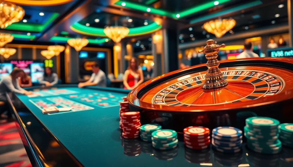 Experience the thrill of live casino action at EV88 nét with vibrant roulette and poker elements.