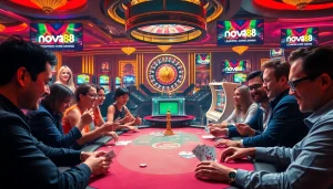 Gamblers enjoying a thrilling poker game at nova88 casino, surrounded by vibrant slot machines.