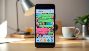 Engaging GB WhatsApp app interface displayed on a smartphone in a cozy workspace.