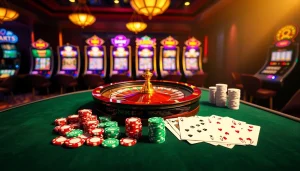 Experience the thrill of NK88 at a luxurious casino with roulette and vibrant poker chips.
