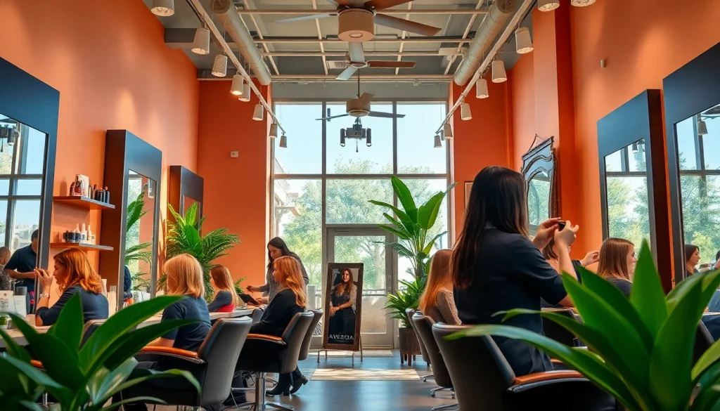 Welcoming ambiance of Aveda salon San Diego, showcasing hairstylists applying vibrant hair colors.
