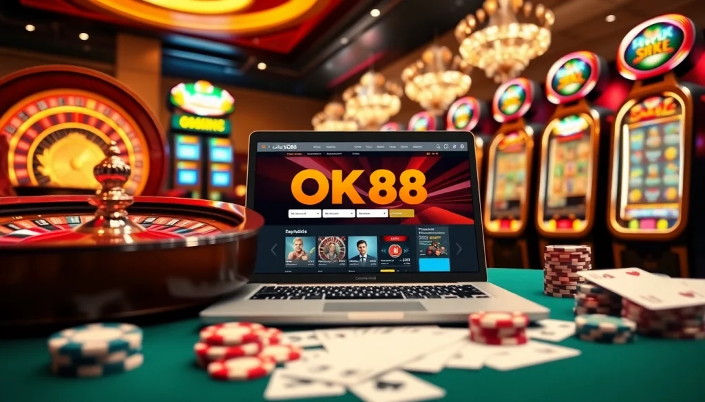 Experience the excitement of OK88 with vibrant casino visuals featuring roulette, poker chips, and slot machines.