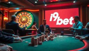Engaged gamblers playing high-stakes poker at an i9bet casino table, highlighting excitement and strategy.