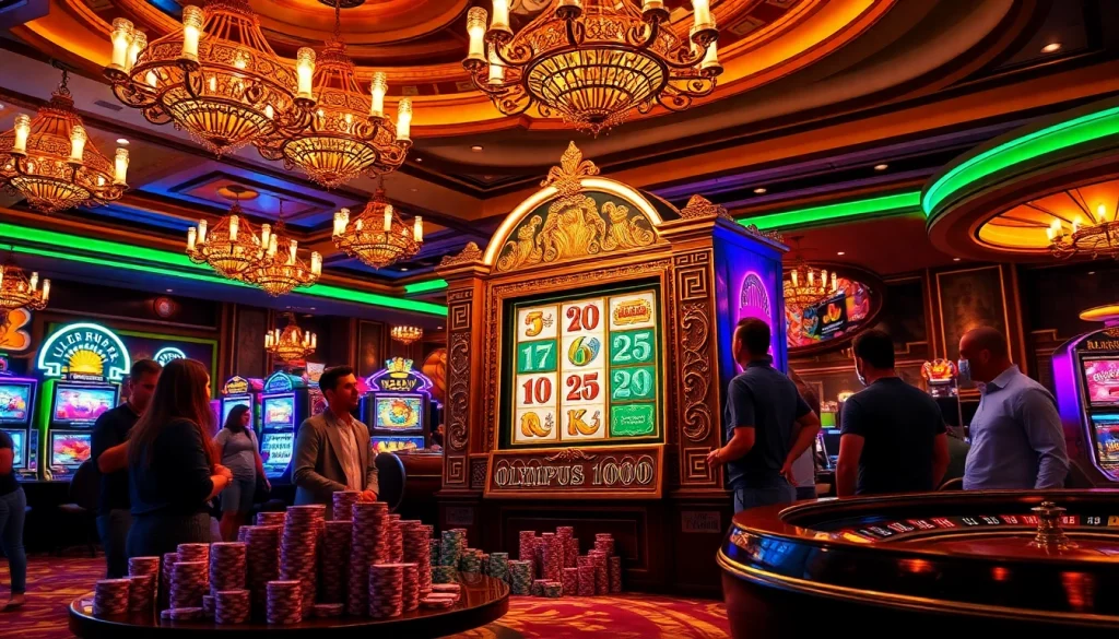 Players engage with the Olympus 1000 slot machine in a vibrant casino environment filled with excitement.