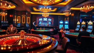 Engage in thrilling gameplay at MM 88 with vibrant casino tables and slot machines.
