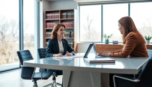An environmental law firm attorney consulting with a client in a bright, modern office.