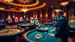 Players enjoying SOIBET's vibrant casino atmosphere with poker chips and gaming tables.