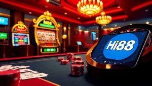 Engaging online gambling scene featuring Hi88 with poker, roulette, and slot machines.