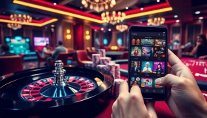 Người chơi tham gia các trò chơi tại https://luck8.com trong một sòng bạc sang trọng với các đồng chip poker và bánh xe roulette.