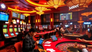 Players enjoying Sbobet online gambling with vibrant slot machines and betting tables.