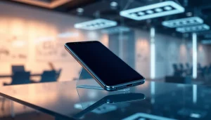 The Samsung Galaxy S8 smartphone showcased on a sleek table, emphasizing its modern design and advanced technology.