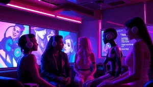 Immersive NSFW AI digital lounge showcasing futuristic character interactions.