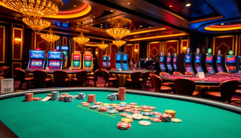 Experience thrilling gambling action with '789 P' at a luxurious casino poker table filled with vibrant chips and cards.