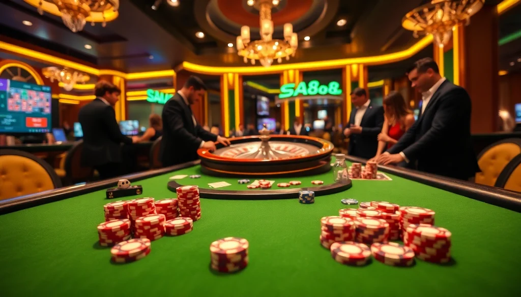 Experience high-stakes gaming at SA88 with a vibrant casino scene featuring roulette and poker.