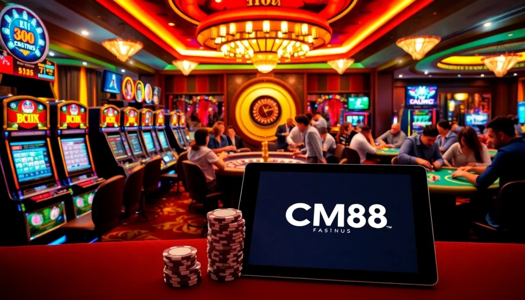 Exciting casino scene showcasing CM88 logo with poker tables and slot machines.
